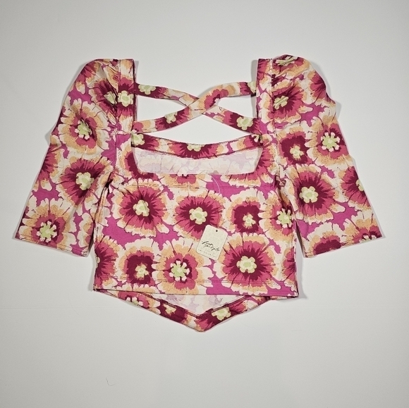Free People Give Me More Pink Multi Floral Half Sleeve Crop Top Pop Combo Medium - Picture 3 of 14